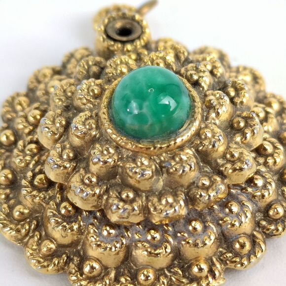 Antique Carved Goldtone & Jade Green Marble 1.5" Balm Locket Pendant French - Picture 3 of 5